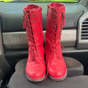 Super cute Women's Red Lace-Up Combat Boots with Side Zipper - Bold Statement